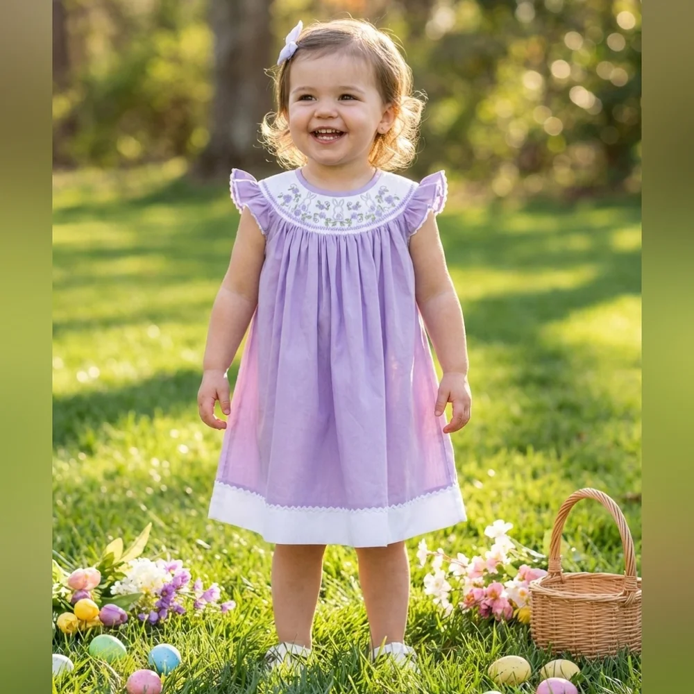 Lil Cactus Purple Easter Bunny Smocked Dress Sz 2T